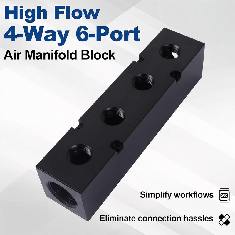 MARSTEK High Flow Air Manifold, Air Compressor Manifold, Air Hose Inline Manifold Block Splitter, Pneumatic Manifold Air Distribution Block, NPT 1 Inch Supply Port, NPT 1/2 Inch Output Port (4 Way 6 Port) - Image 2